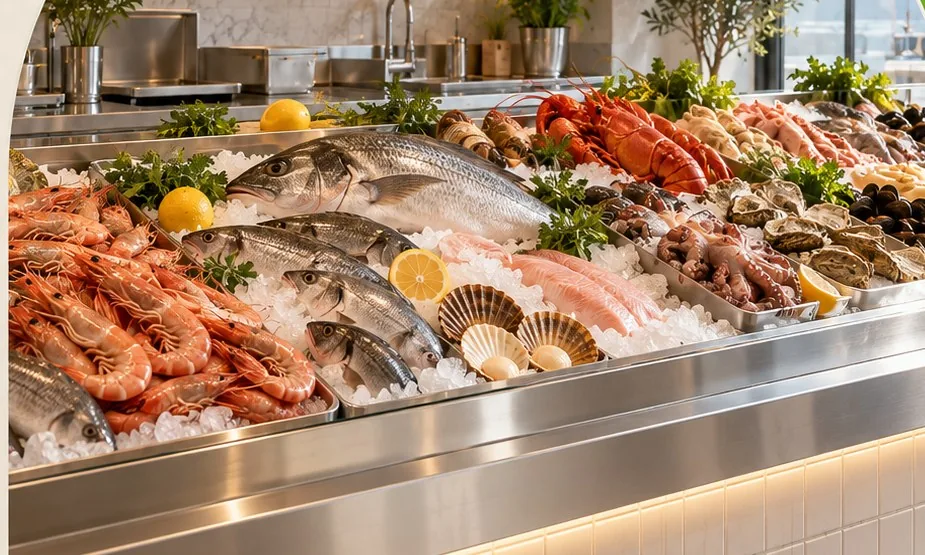 Banco refrigerato di una pescheria professionale con pesce fresco esposto