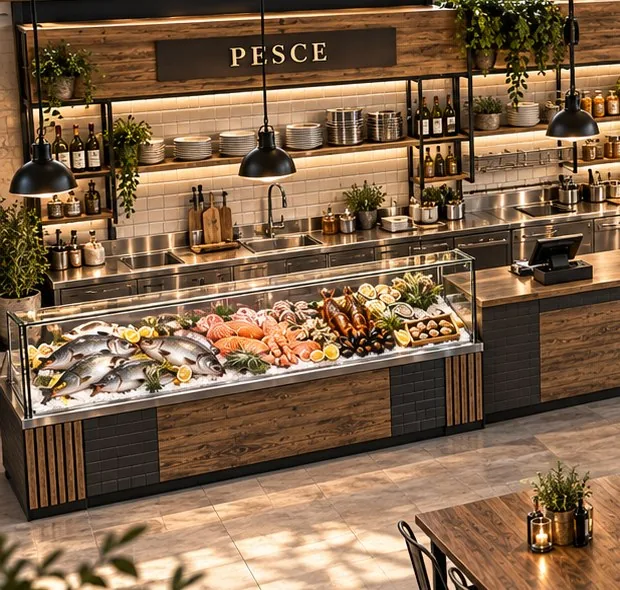Layout di una pescheria con banco vendita e laboratorio di lavorazione