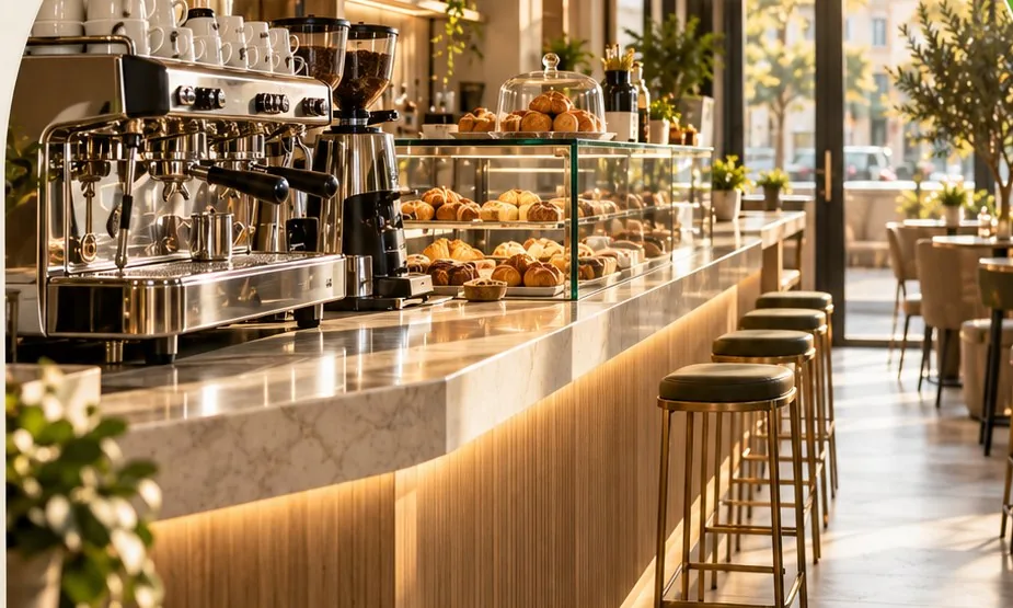 Bancone di un bar caffetteria con macchina espresso e vetrina pasticceria