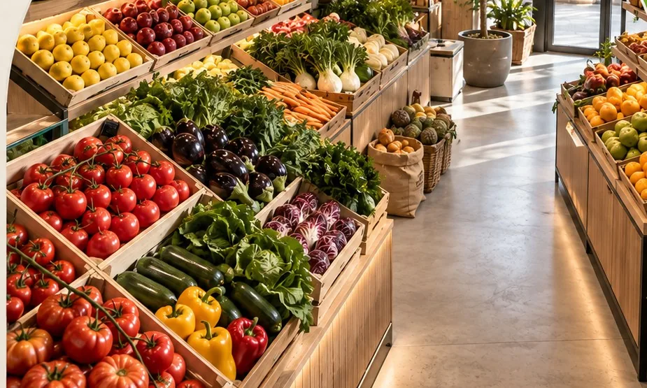 Espositori di frutta e verdura in un negozio di ortofrutta