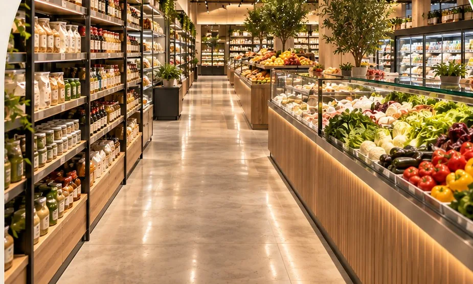 Corsia di un supermercato con scaffalature e banchi refrigerati