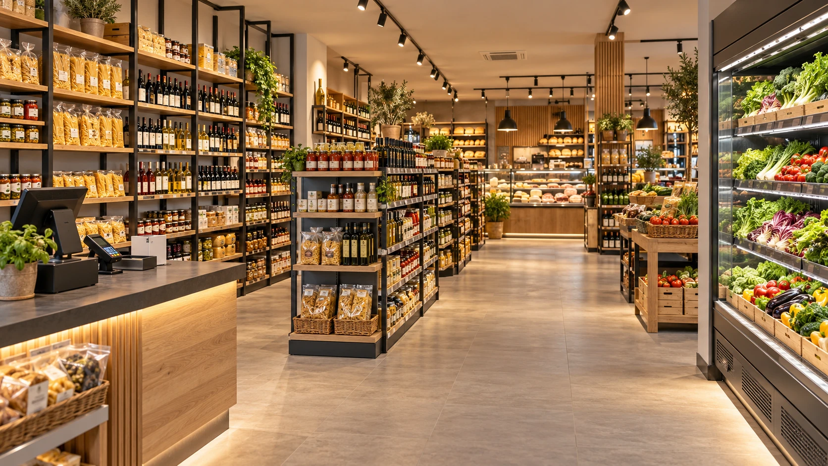 Minimarket con scaffalature modulari in legno e metallo, banco vendita e murale refrigerato per la zona fresco