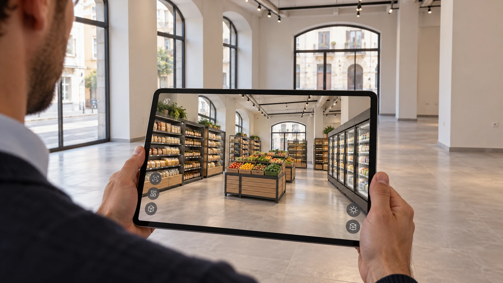 Rendering illustrativo: visualizzazione in realtà aumentata su tablet del nuovo layout in un locale commerciale vuoto