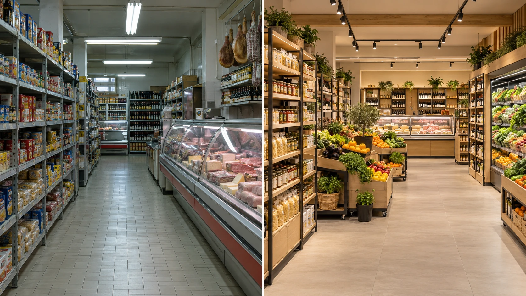 Confronto tra un negozio di alimentari datato con scaffali fissi e neon e un minimarket moderno con arredo modulare e luci LED