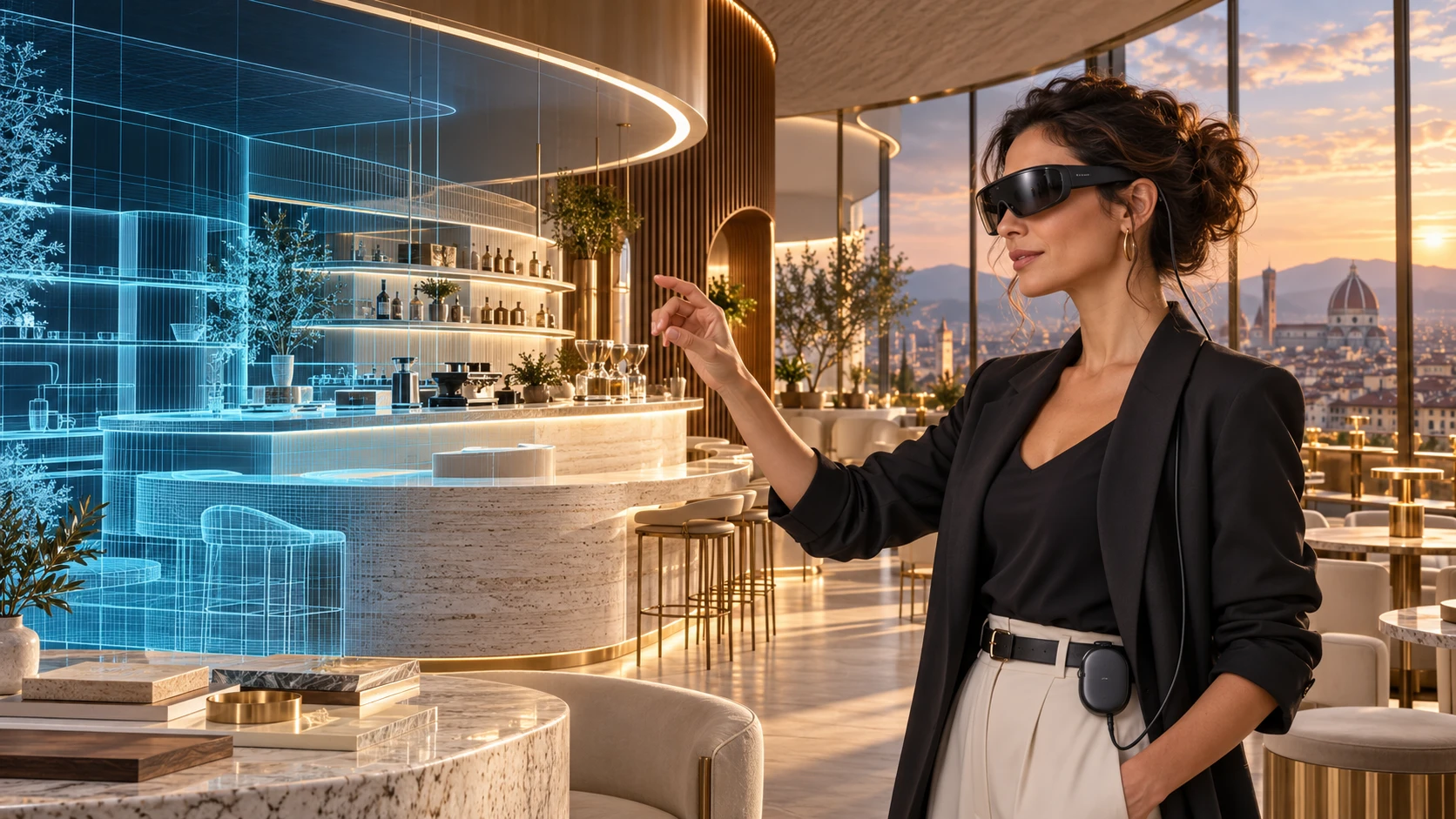 Rendering illustrativo: una persona con i Meta VR Glasses visualizza in Mixed Reality il progetto di un banco bar nel proprio locale