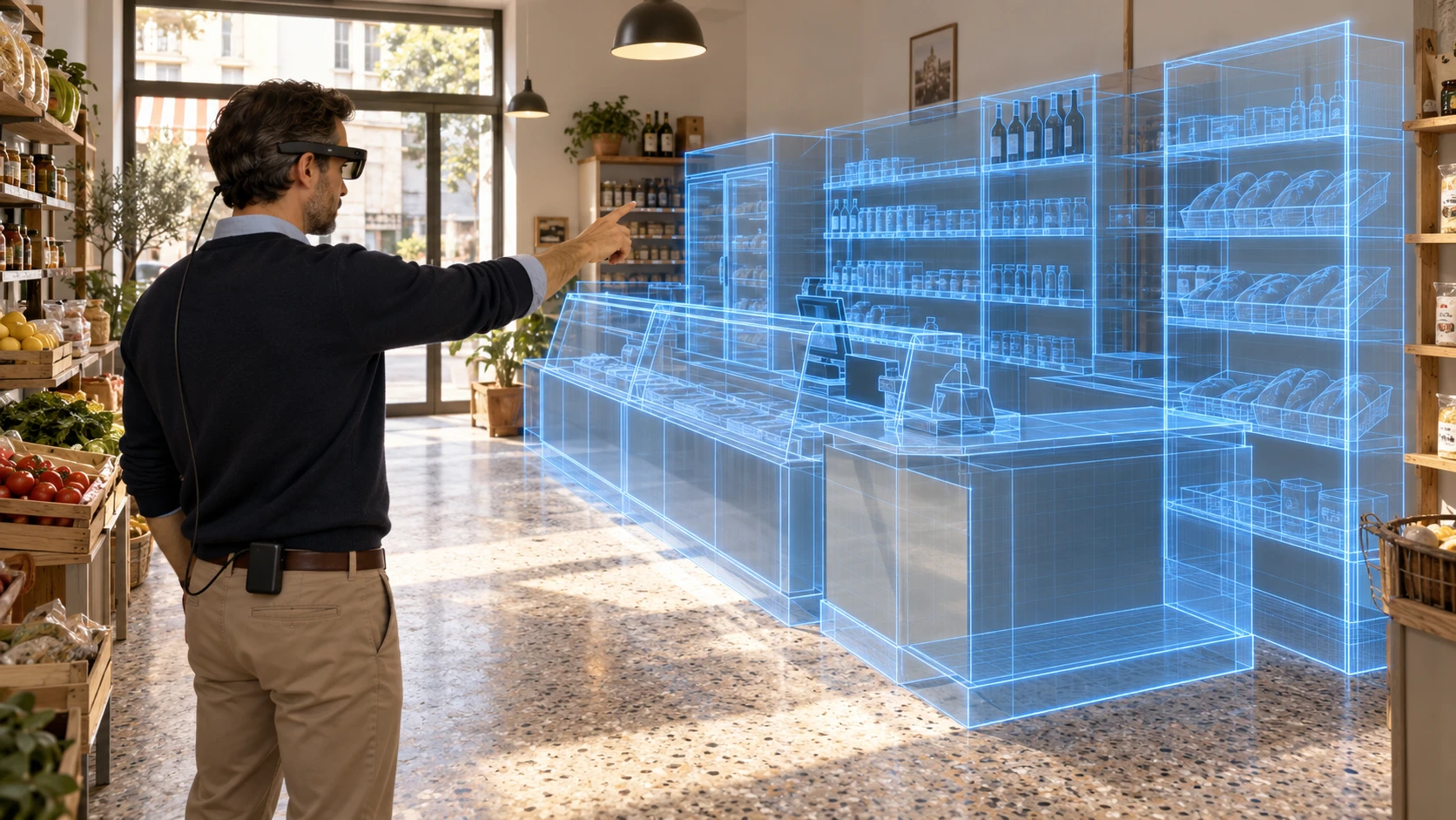 Rendering illustrativo: titolare con visore di realtà mista che visualizza banco e scaffalature in scala reale nel proprio minimarket