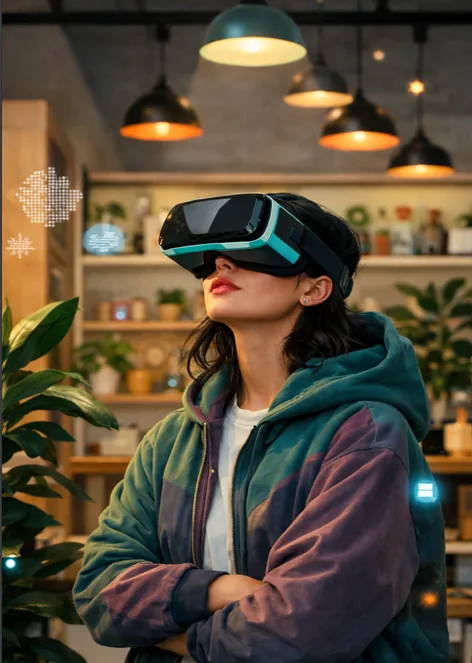 Ragazza con visore Meta Quest nella presentazione virtuale Turn-Key