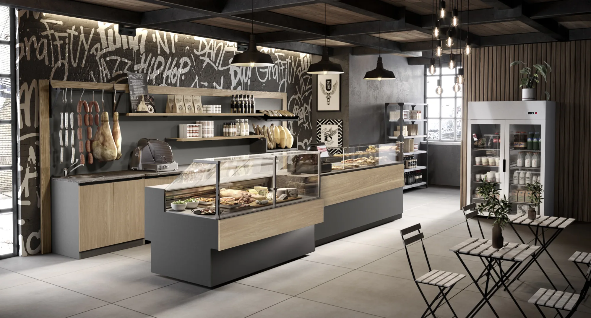 Gastronomia Linea Wood con banchi, retrobanco e mensole in finitura rovere